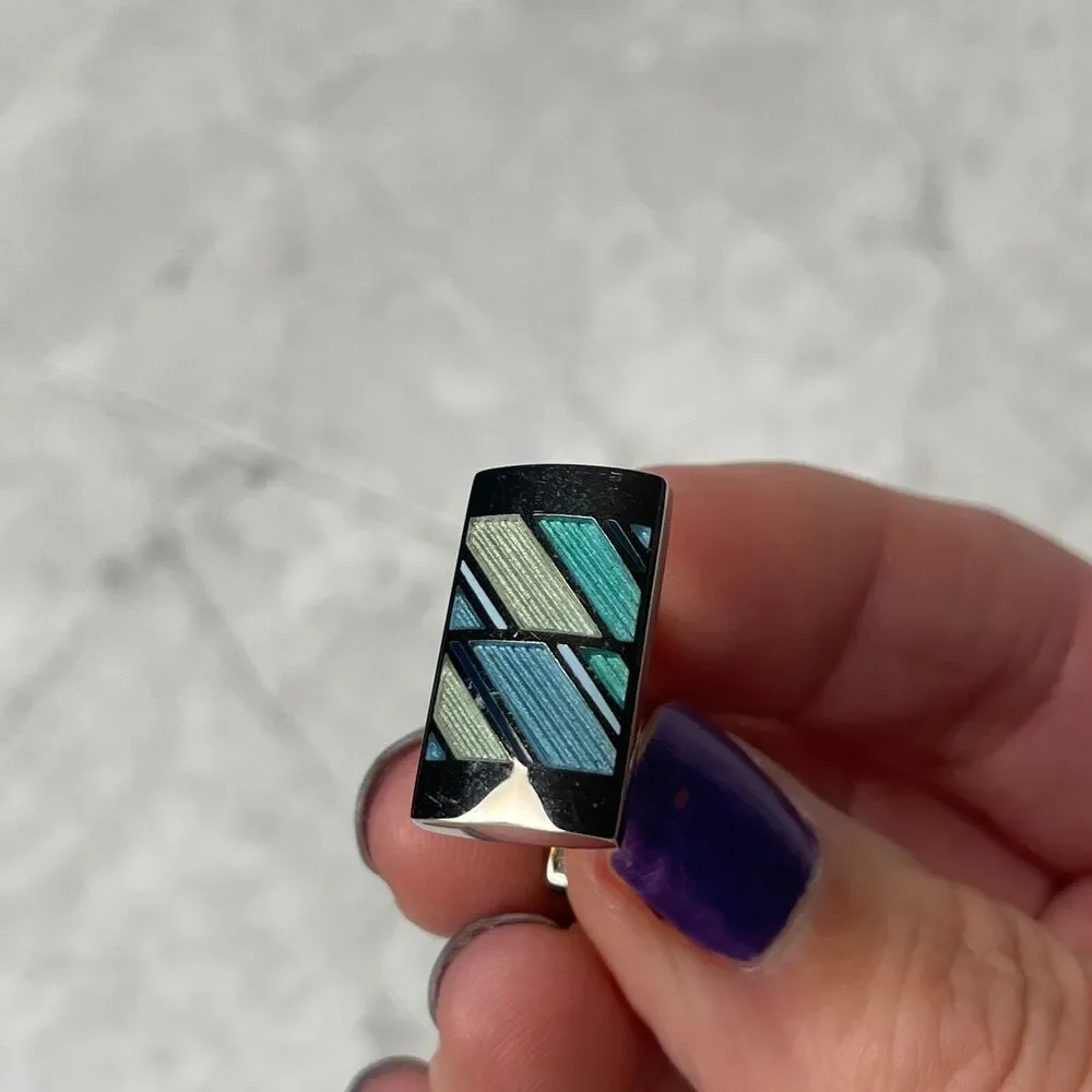 Cuff Links Silvertone Rectangular Inlaid Blue Green Stripes